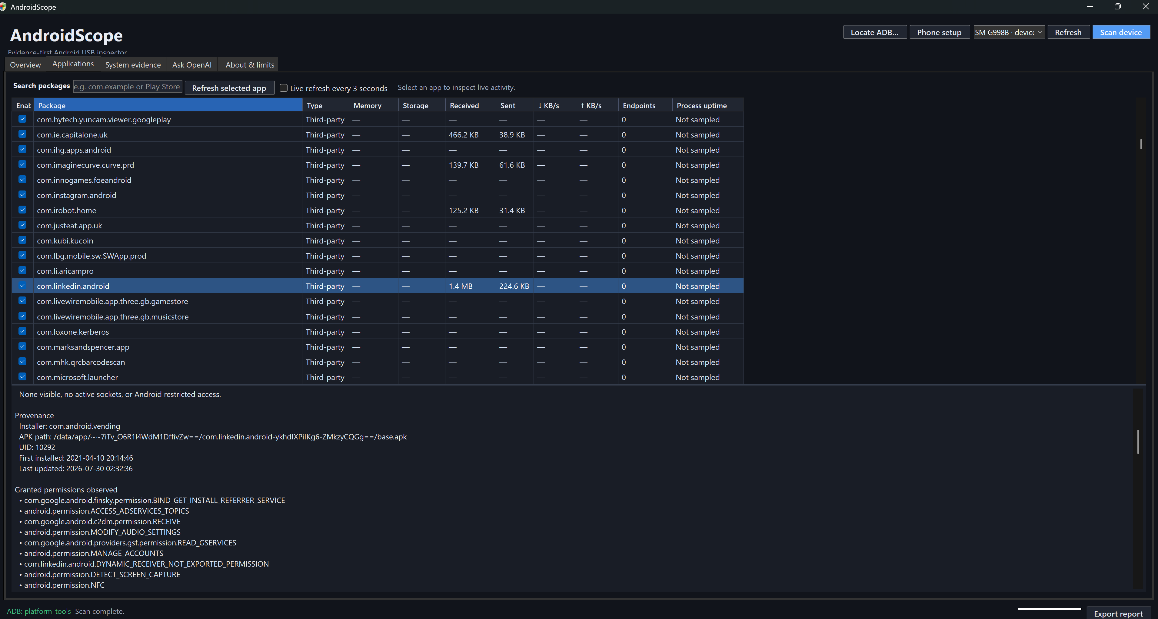 AndroidScope showing a scanned Android application inventory and selected application evidence