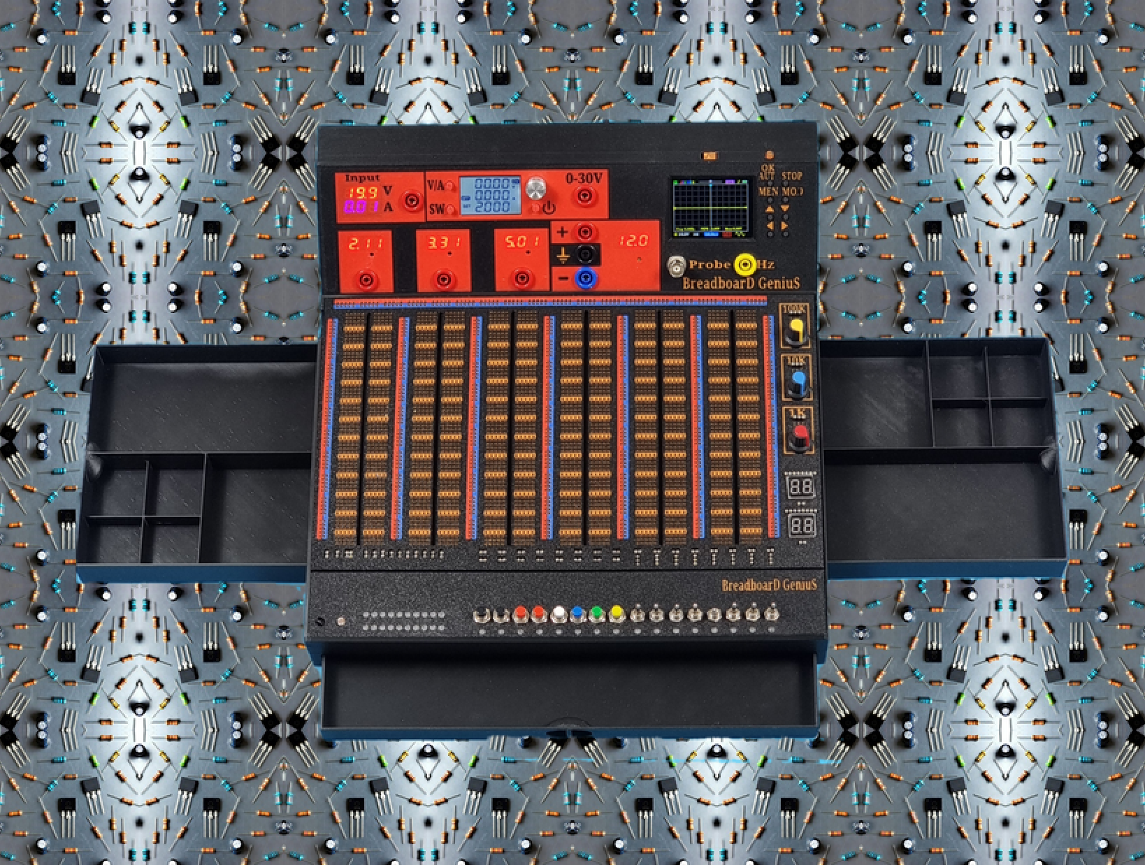 A real Bulk Product Photo Finisher result: a black Breadboard Genius electronics lab centred on a component-pattern background