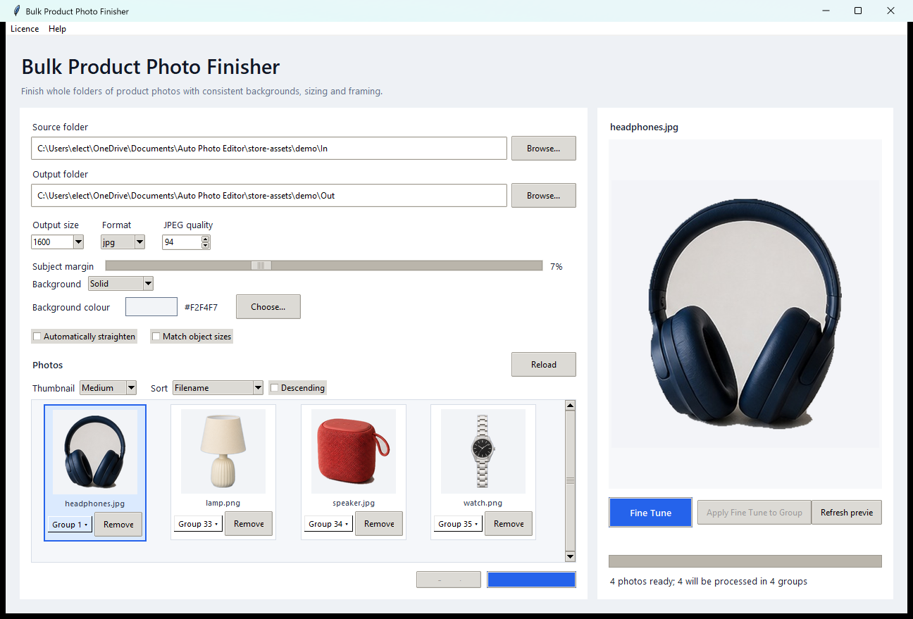 Bulk Product Photo Finisher displaying four real product photographs and their processed previews