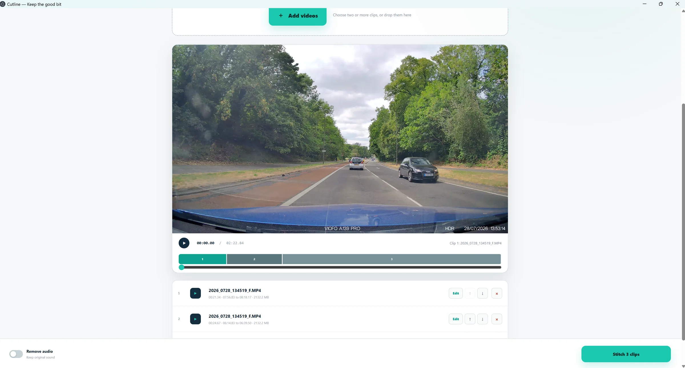 Cutline stitch workspace showing three queued clips, combined preview, reorder controls, and stitch action