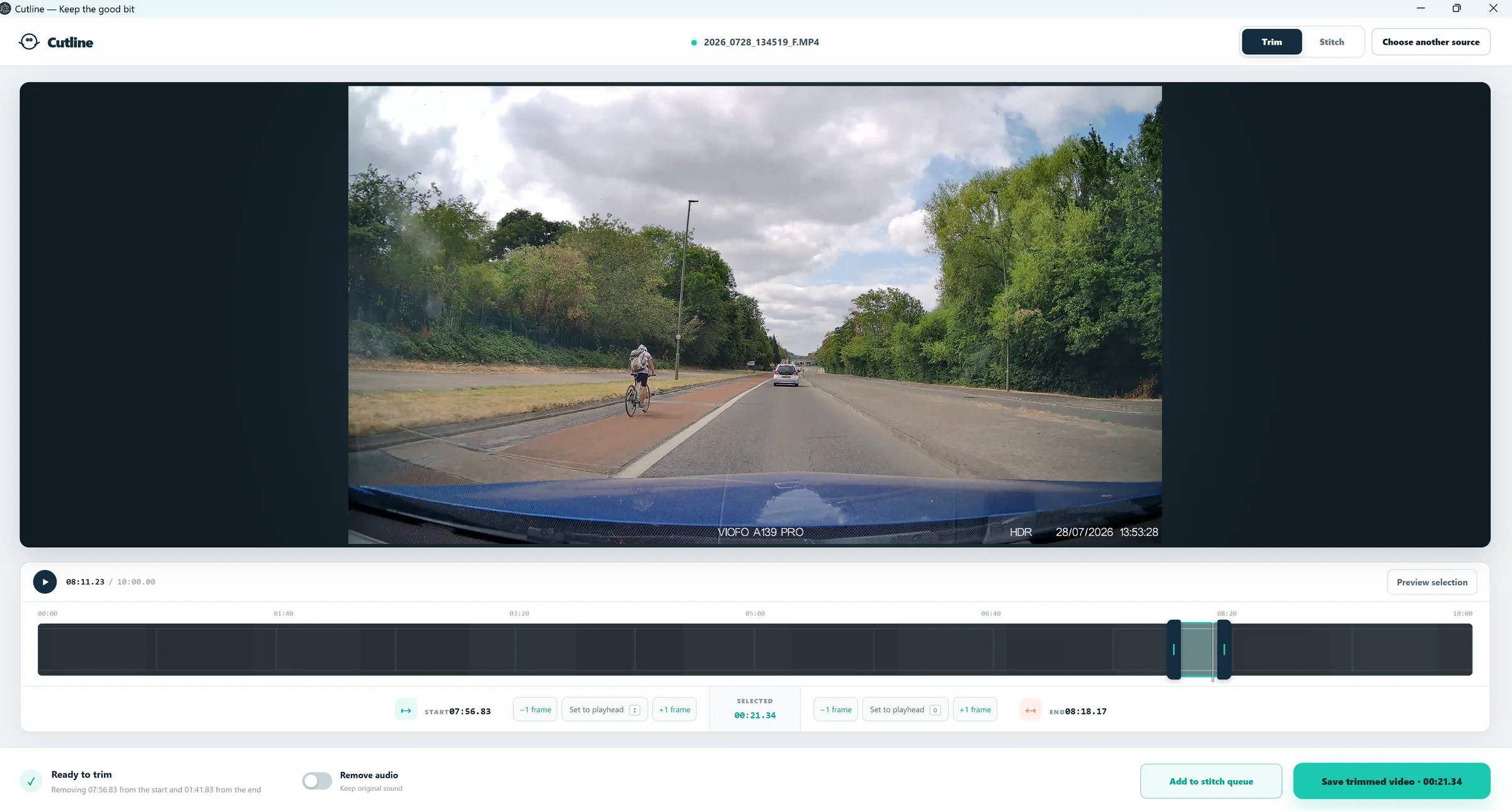 Cutline trim workspace showing a road video, start and end markers, timeline controls, and save actions