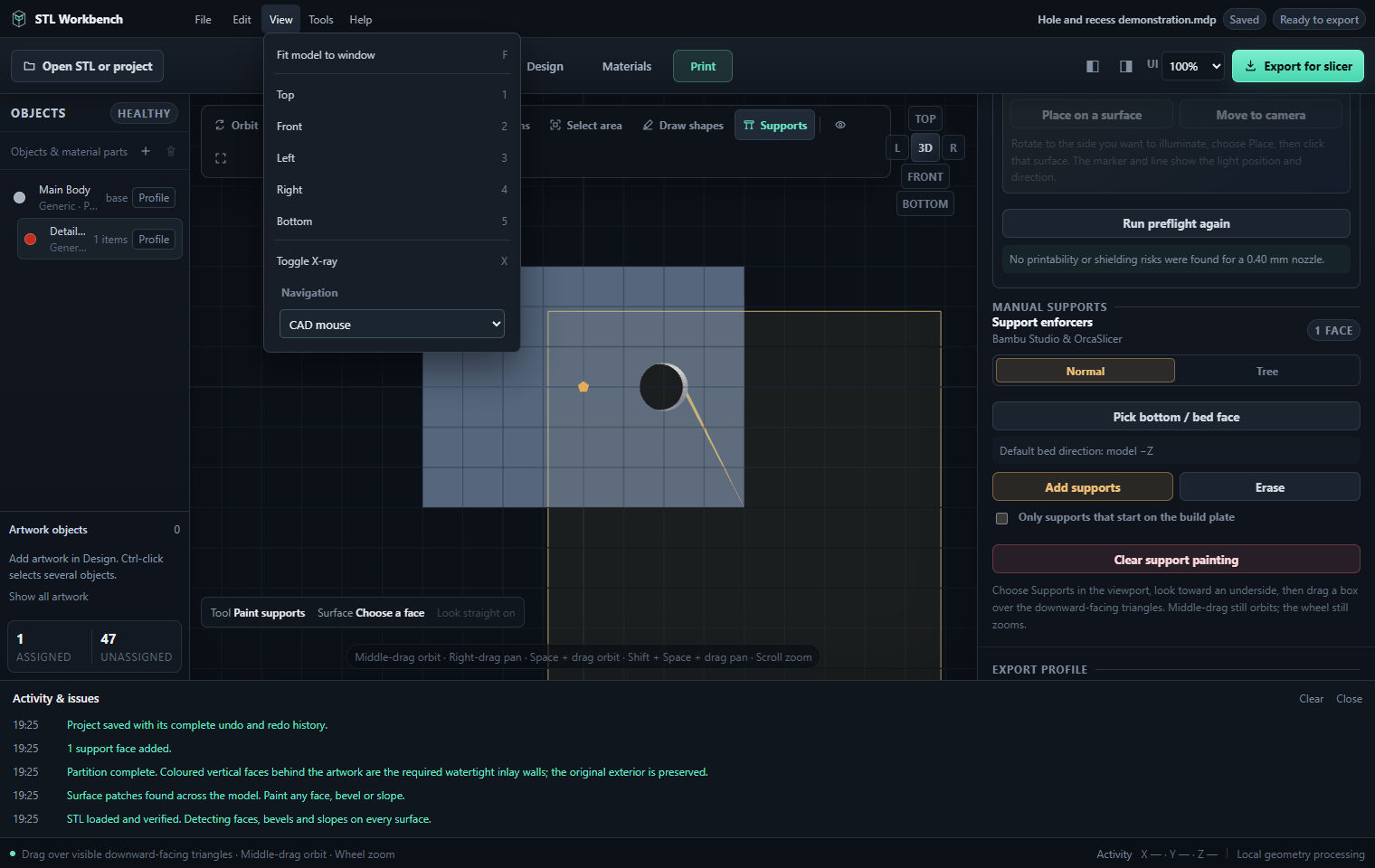 Activity messages, menus and interface preferences