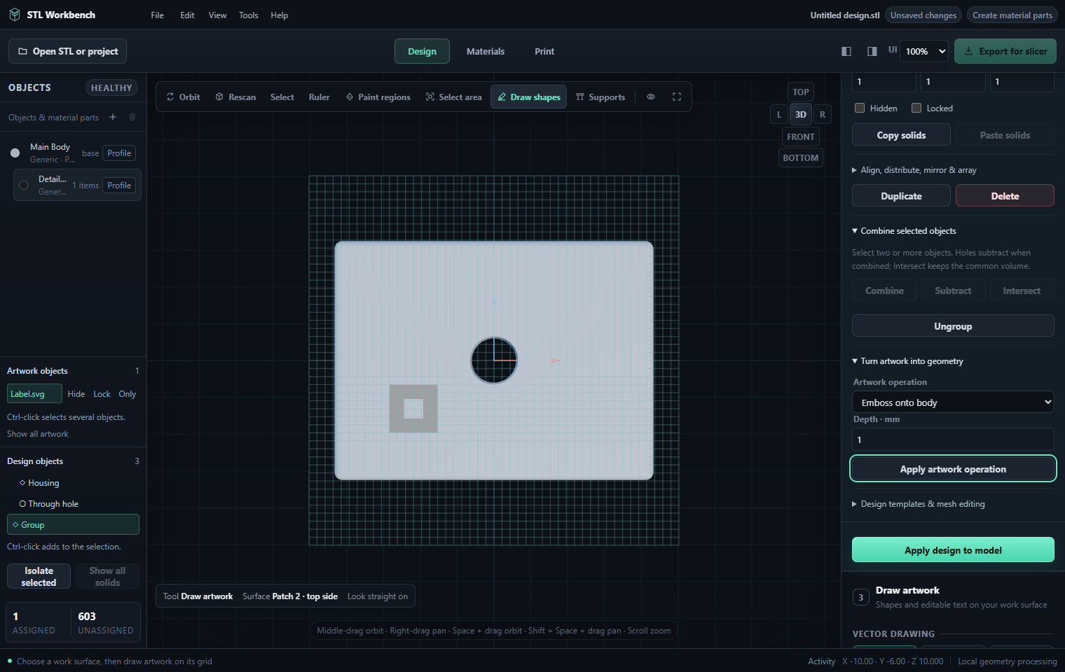 Artwork-to-geometry mode and depth