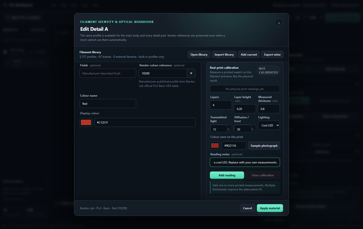 Calibration input form with an example swatch