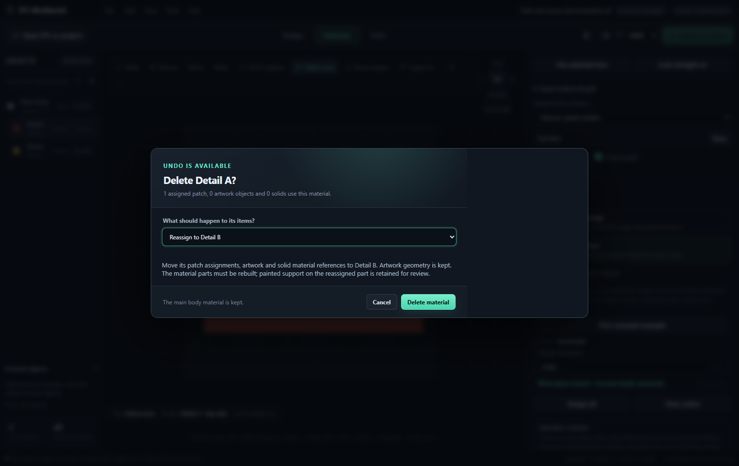 Material deletion and usage replacement