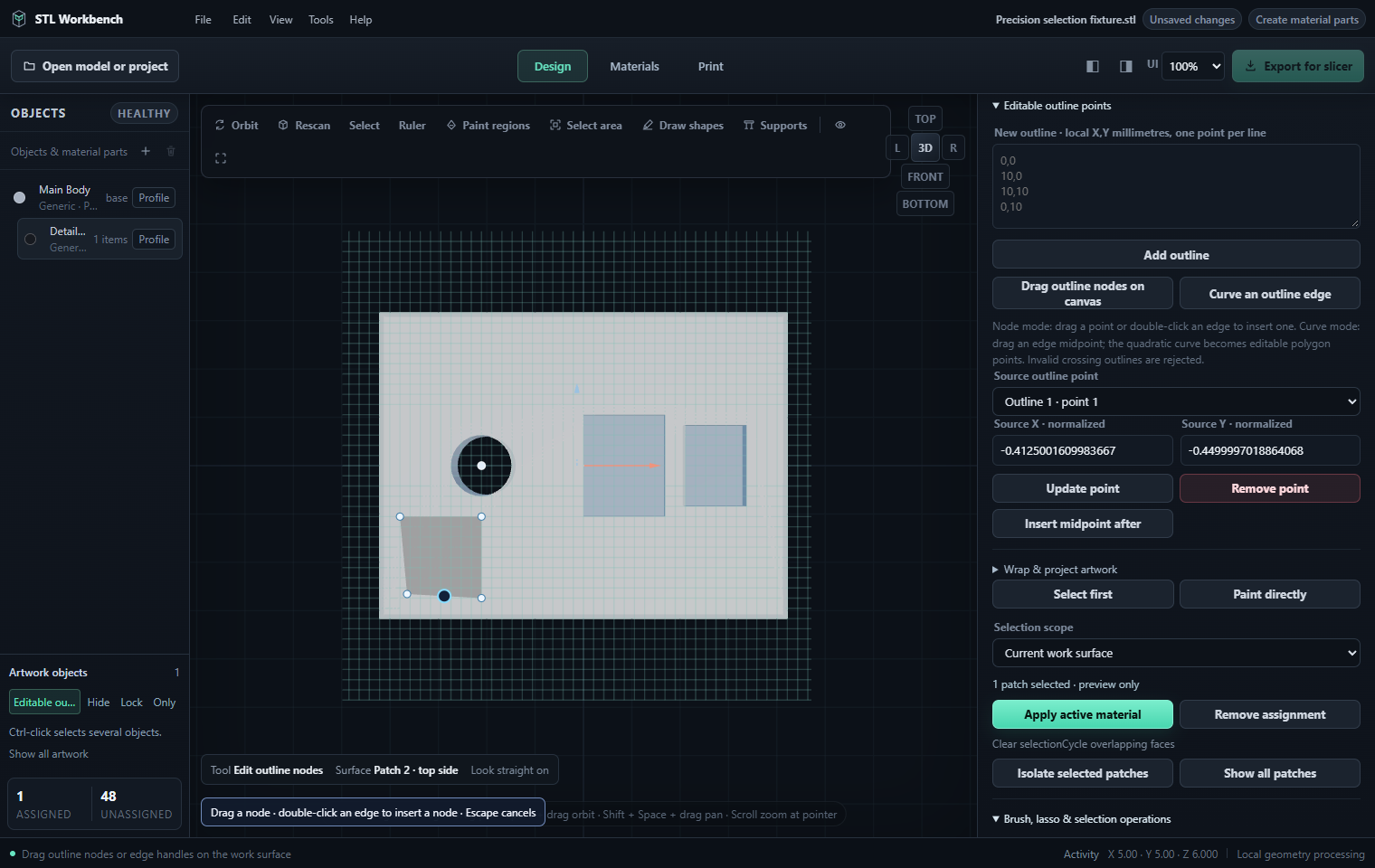 Editable outline nodes on the model