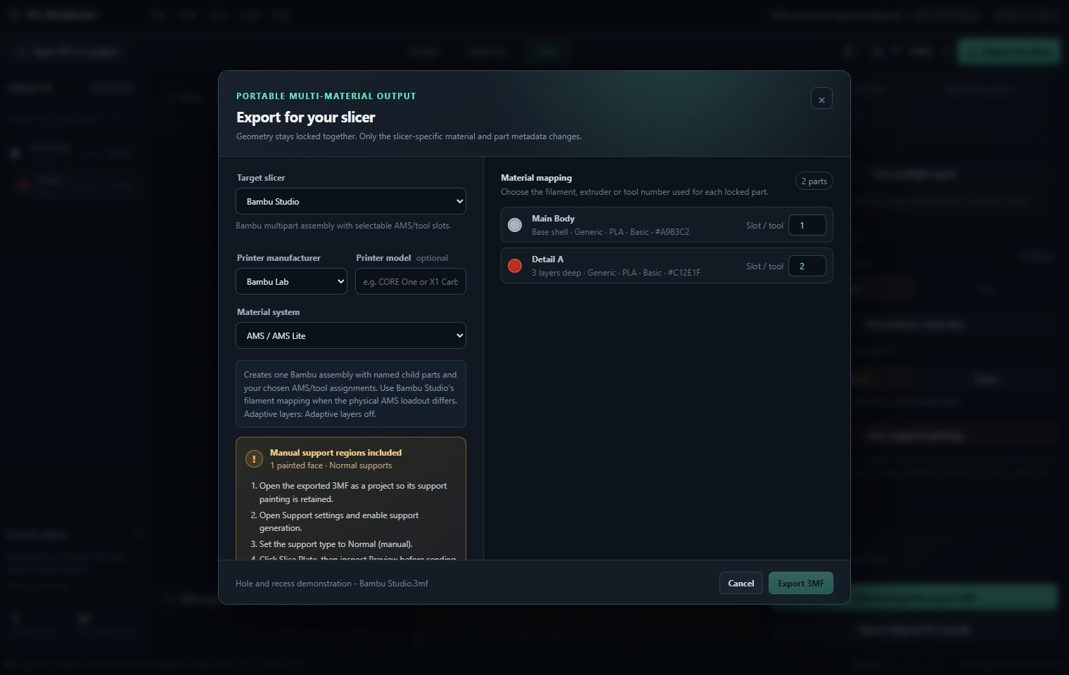 Slicer export target and material mapping