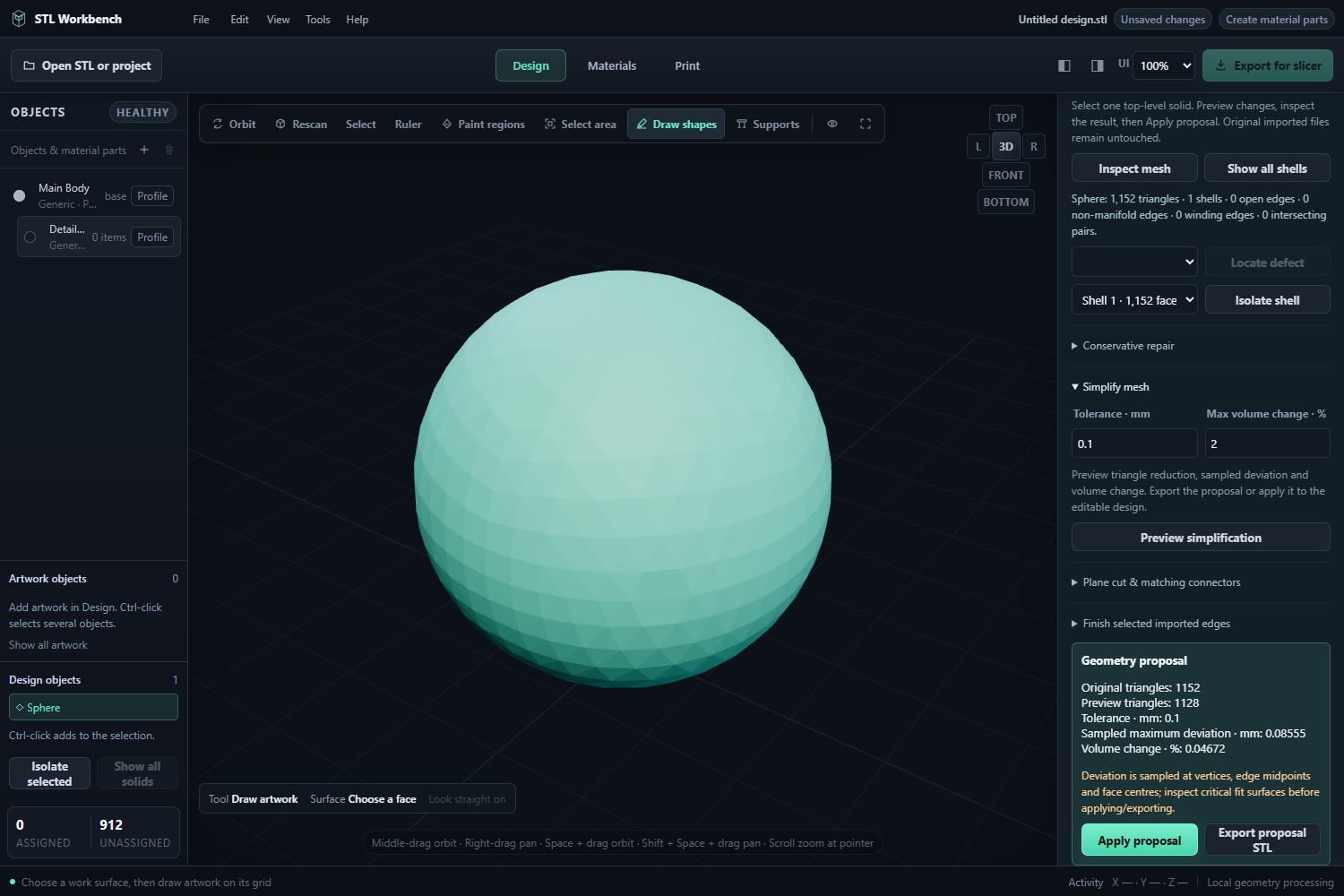 Simplification preview and measured changes
