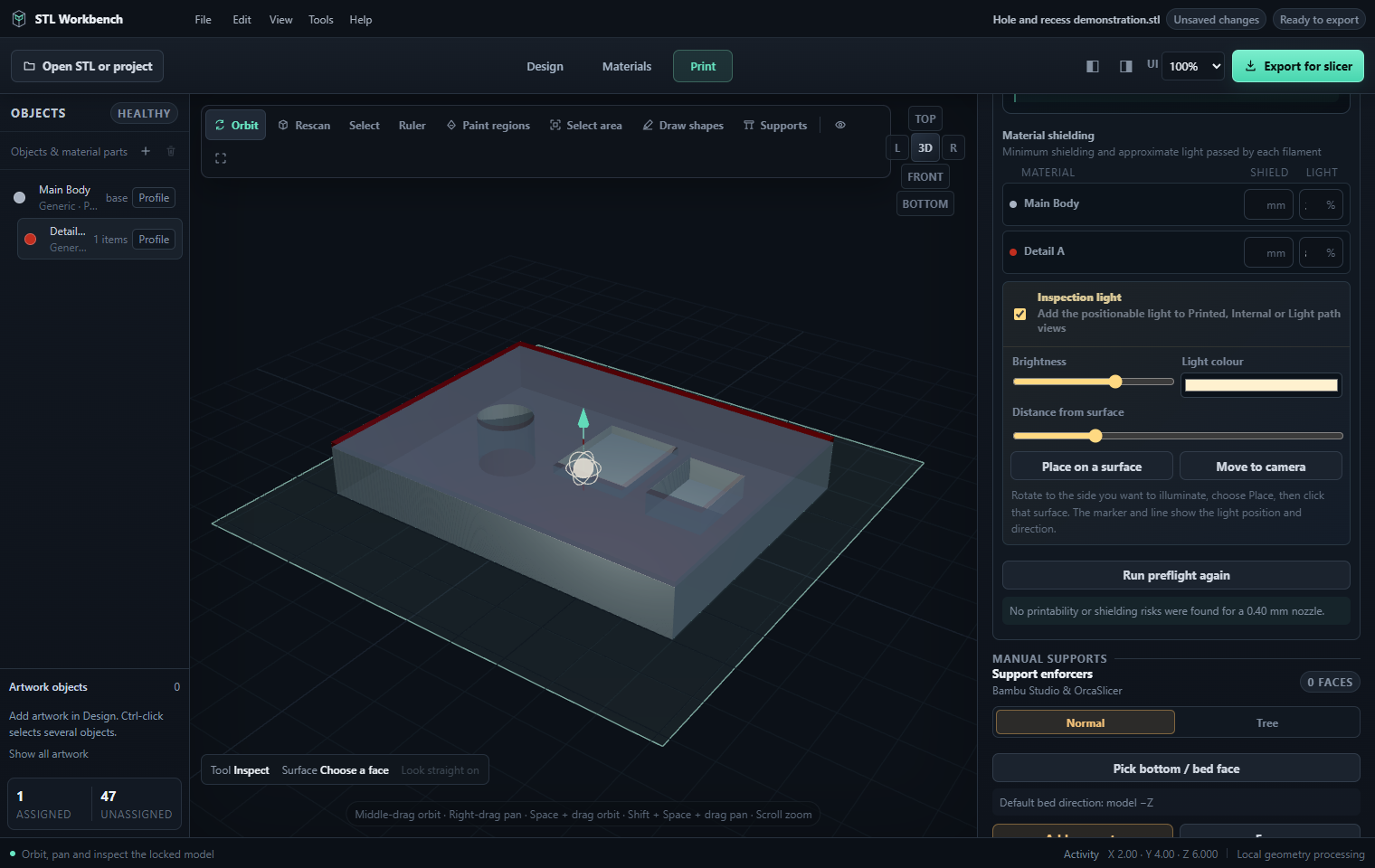 Light preview and light placement controls