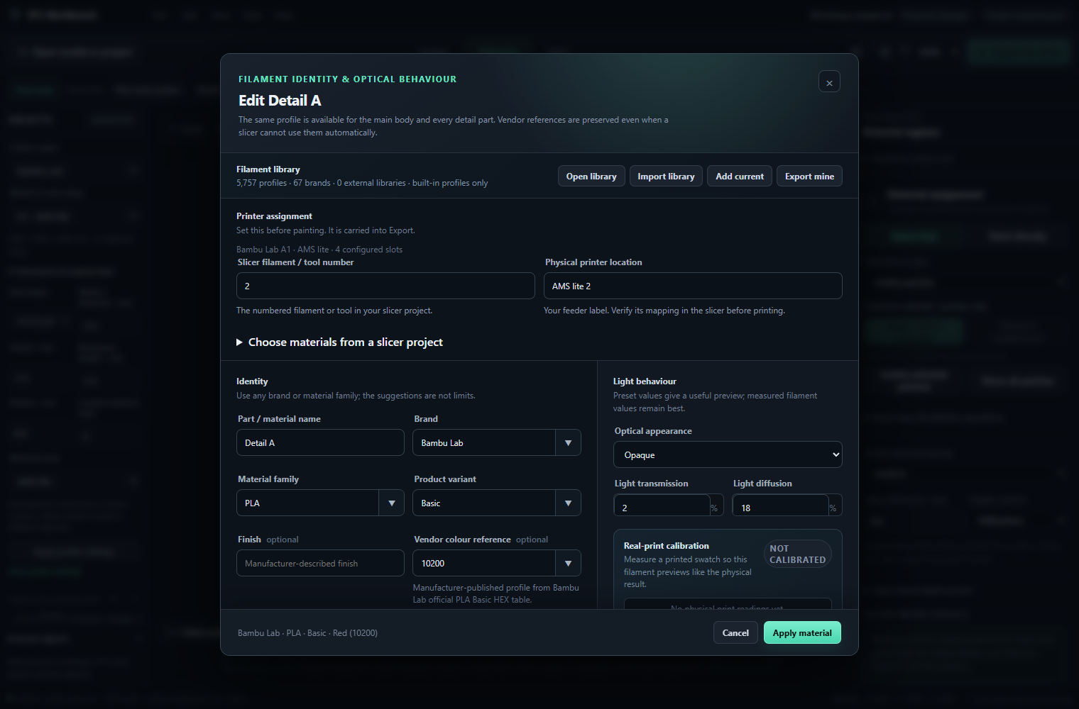 Material profile with separate slicer and physical assignments