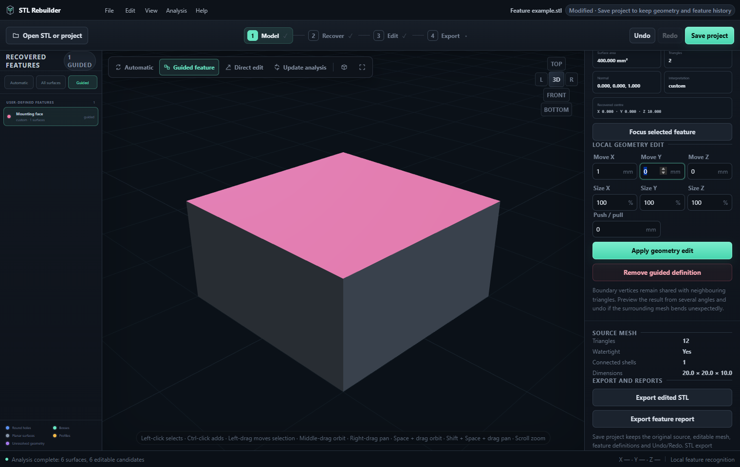 Rebuilder guided feature controls and analysis