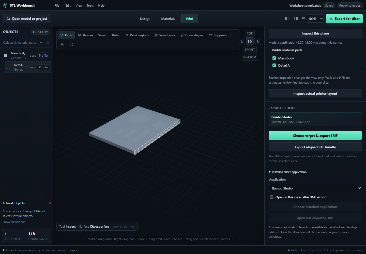 Slicer application controls beside print preparation