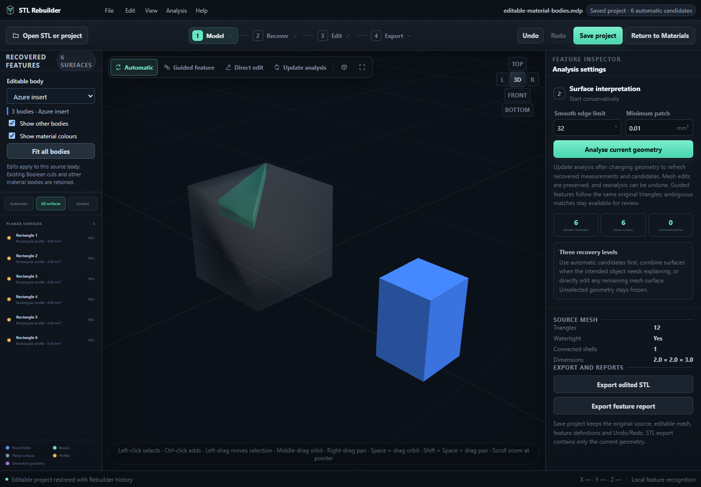 Editing a selected body within a material assembly