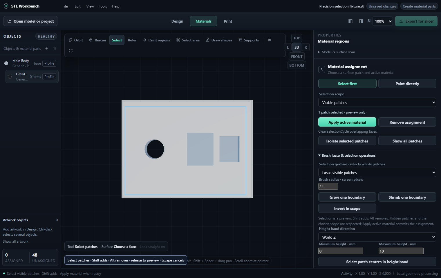 Selection, scope and material operation controls