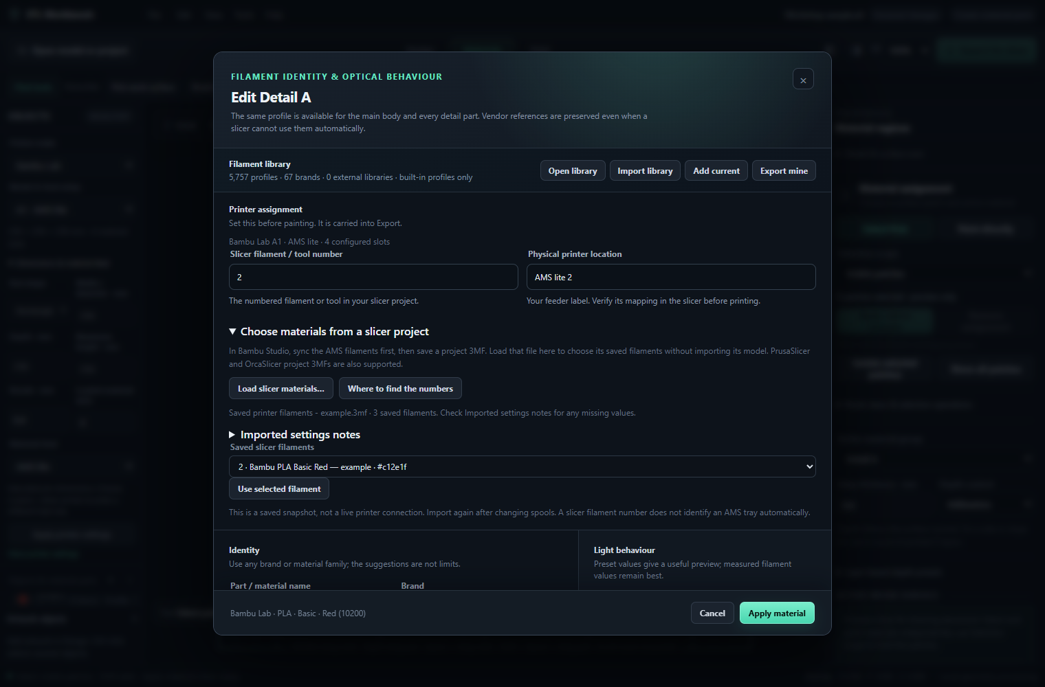 A saved slicer filament list available in the material editor