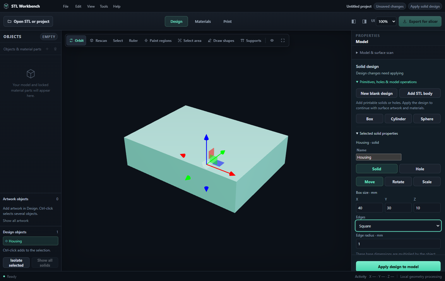 Blank solid design with primitive parameters and transform gizmo