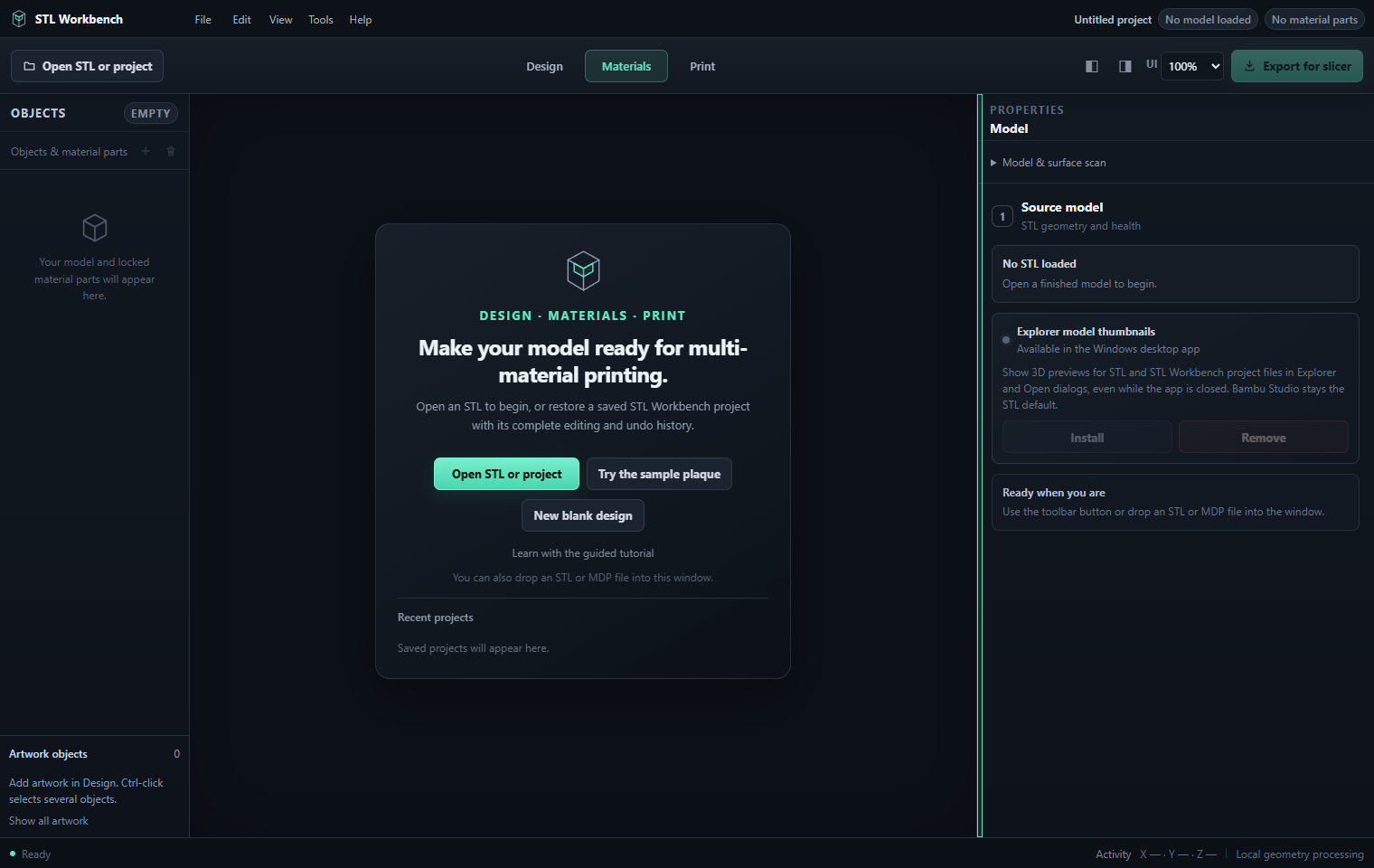The STL Workbench start screen