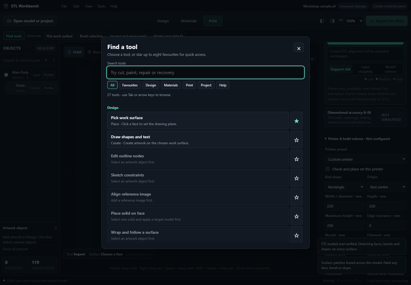Tool search and favourites grouped by workspace